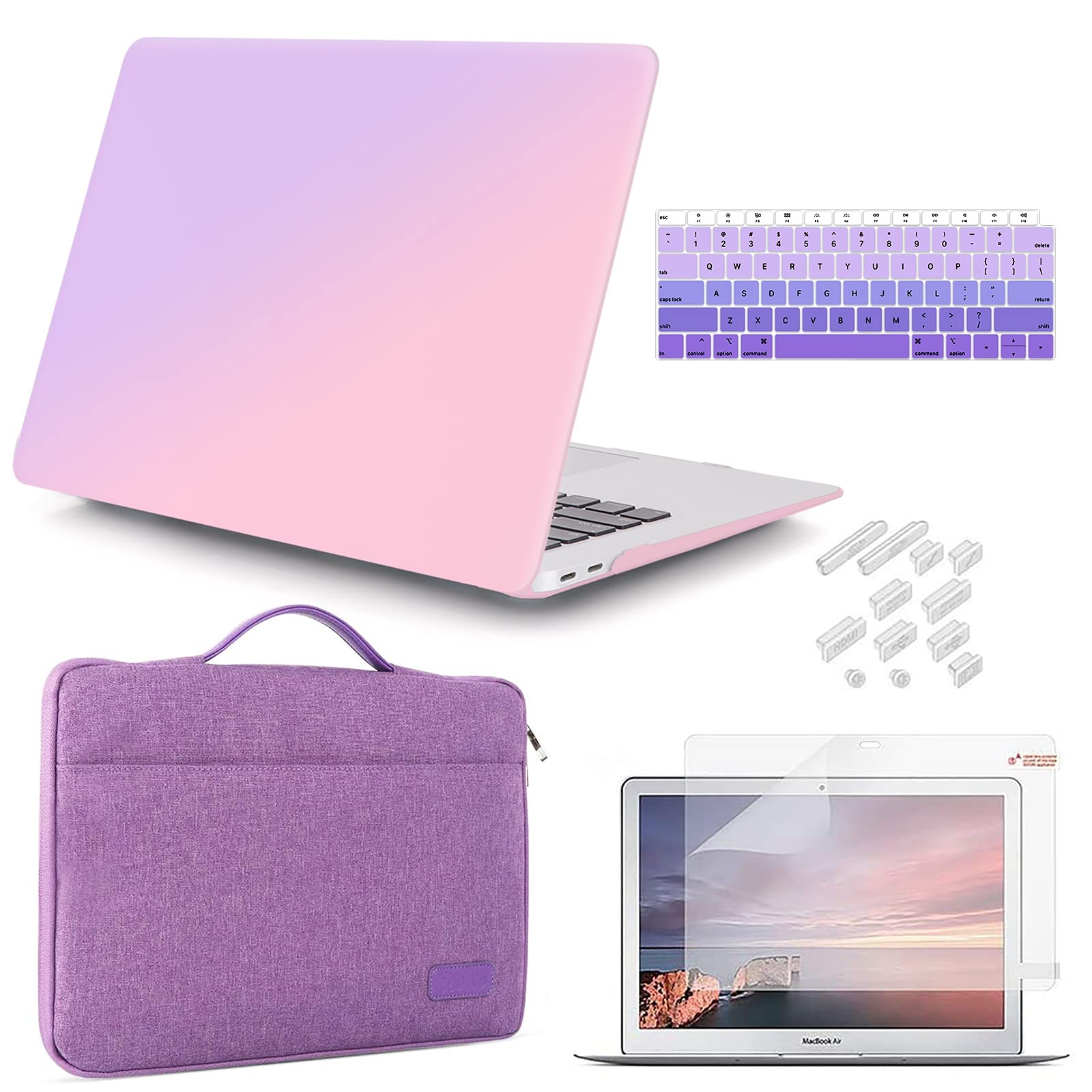 iCasso Compatible with MacBook Air 13 inch Case 2020 2019 2018 Release A2337 M1 A2179 A1932, Plastic Hard Case Shell, Sleeve Bag, Screen Protector, Keyboard Cover and Dust Plug (Gradient Purple)