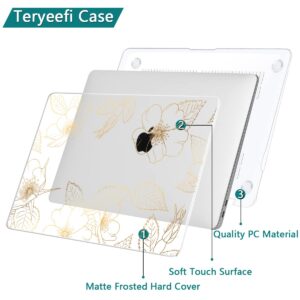 Teryeefi Compatible with 2018 2019 2020 MacBook Air 13 inch Case M1 Chip A2337 A2179 A1932 Retina Display Touch ID, Plastic Hard Shell & Keyboard Cover & Screen Protector,Gold Floral leaf