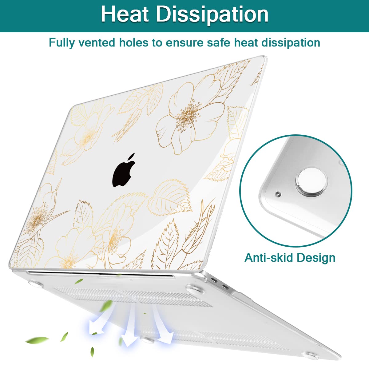 Teryeefi Compatible with 2018 2019 2020 MacBook Air 13 inch Case M1 Chip A2337 A2179 A1932 Retina Display Touch ID, Plastic Hard Shell & Keyboard Cover & Screen Protector,Gold Floral leaf