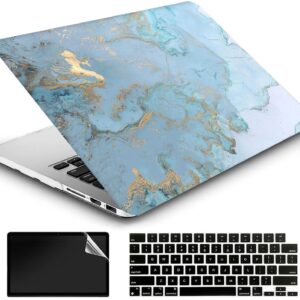 Blue Gold Marble Hard Cover Compatible with MacBook Air 13/13.3 Inch Case 2017 2016 2015 2014 2013 2012 2011 2010 A1466/A1369, AMCJJ Plastic Laptop Hard Shell Case & Keyboard Cover & Screen Protector