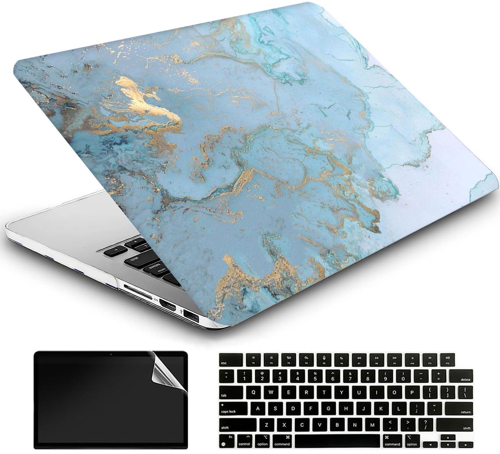 Blue Gold Marble Hard Cover Compatible with MacBook Air 13/13.3 Inch Case 2017 2016 2015 2014 2013 2012 2011 2010 A1466/A1369, AMCJJ Plastic Laptop Hard Shell Case & Keyboard Cover & Screen Protector