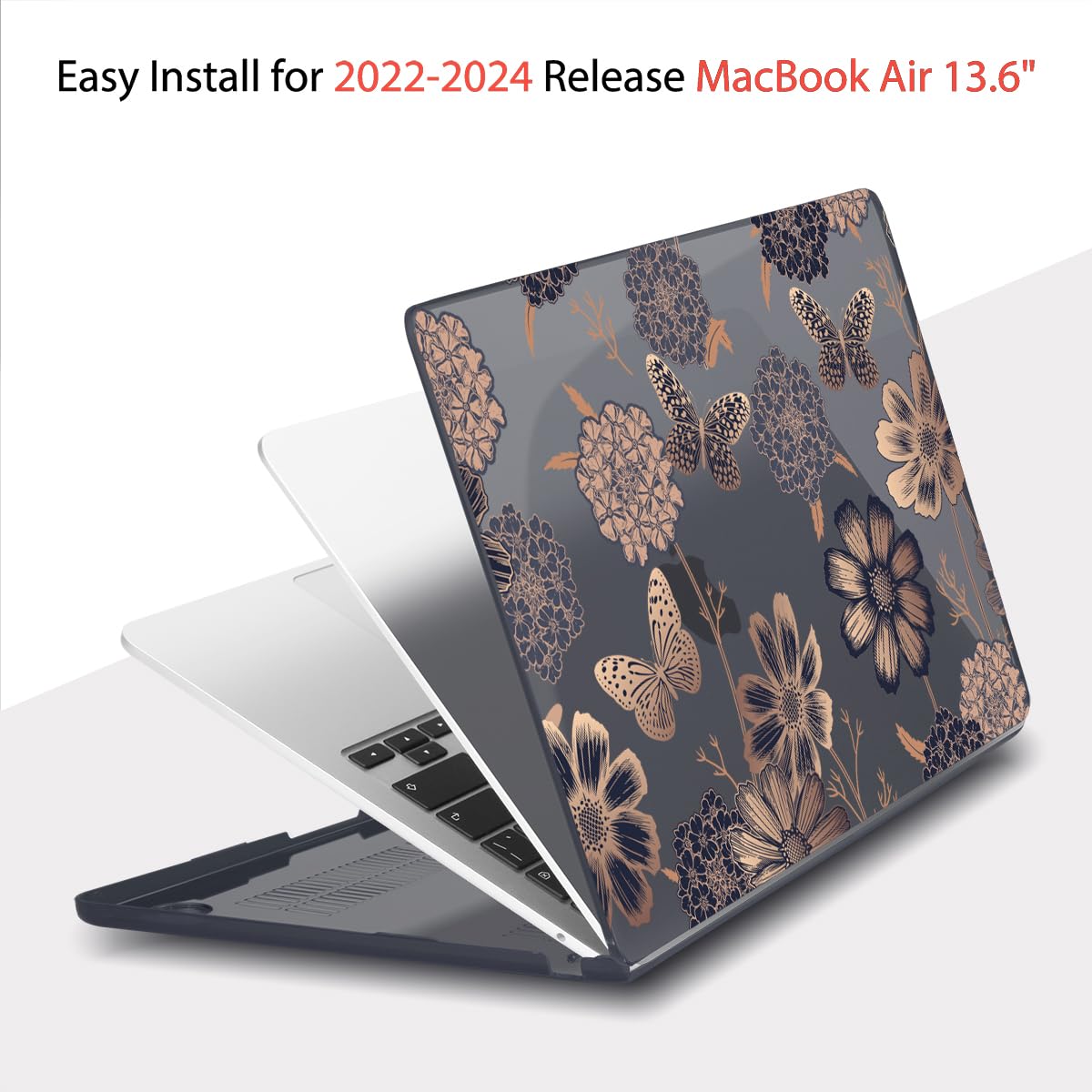 Teryeefi for MacBook Air M2 M3 13.6 Case 2022 2023 2024 Release A2681 A3113, Clear Hard Shell with Keyboard Cover & USB 3.0 Adapter & Screen Protector, Gold Floral Butterfly