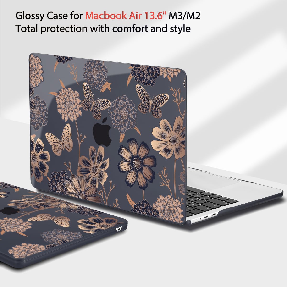 Teryeefi for MacBook Air M2 M3 13.6 Case 2022 2023 2024 Release A2681 A3113, Clear Hard Shell with Keyboard Cover & USB 3.0 Adapter & Screen Protector, Gold Floral Butterfly