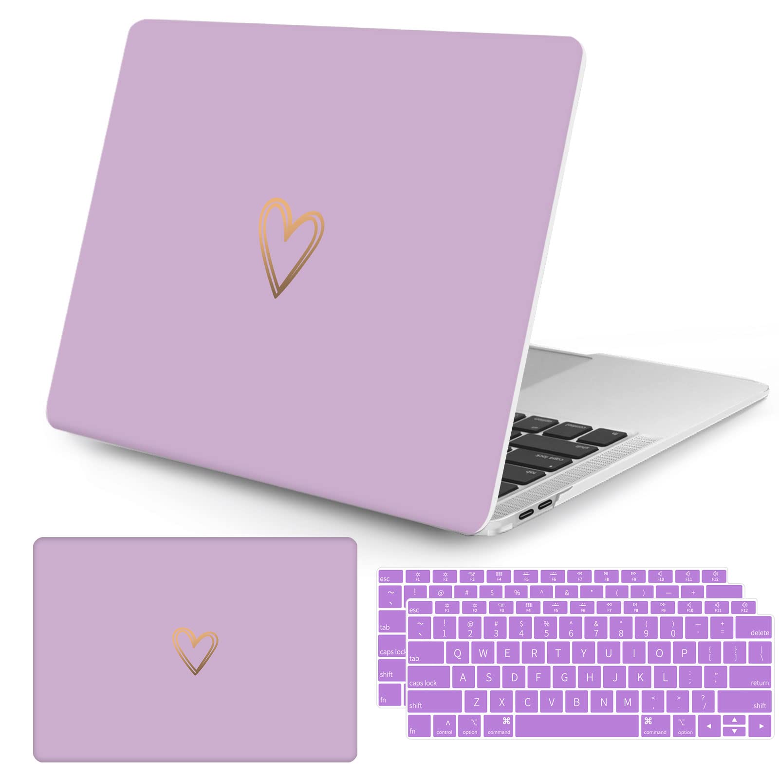 Seorsok Compatible with MacBook Air 13 Inch Case 2020 2019 2018 Release A1932 A2179 M1 A2337 Touch ID, Gold&Cute Heart Pattern Plastic Hard Shell Case with Keyboard Cover,Purple