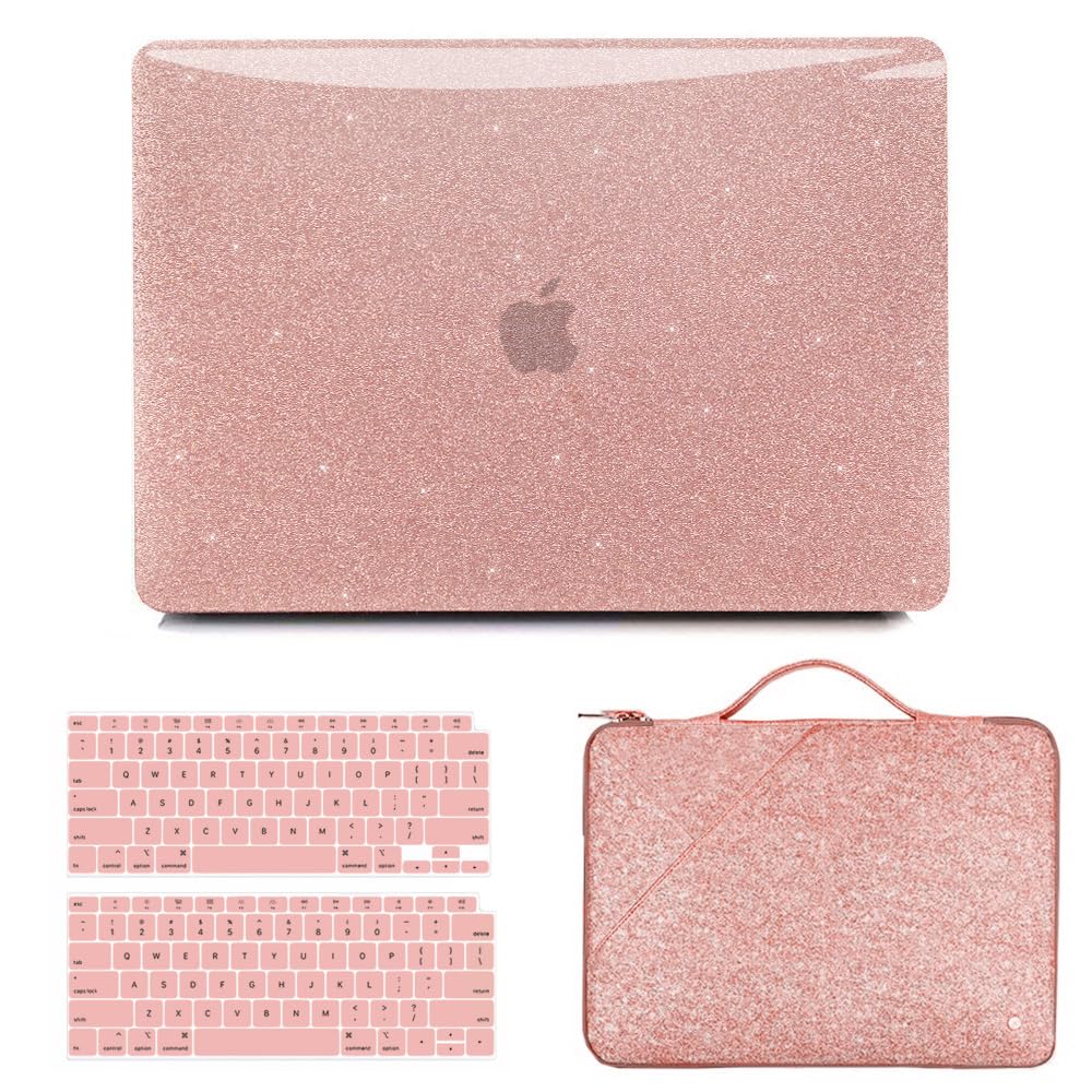 Anban Compatible with MacBook Air 13 inch Case 2022 2021 2020 2019 2018 Release A2337 M1 A2179 A1932 Touch ID, Glitter Smooth Hard Protective Case & Sparkle Laptop Sleeve & Keyboard Cover, Rose Gold