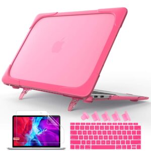 mektron laptop case for macbook air 13 2022 2021 2020 2019 2018 release a2337 m1 a1932 a2179 with touch id,[heavy duty][dual layer] hard plastic bumper protective cover shell with kickstand (rose)