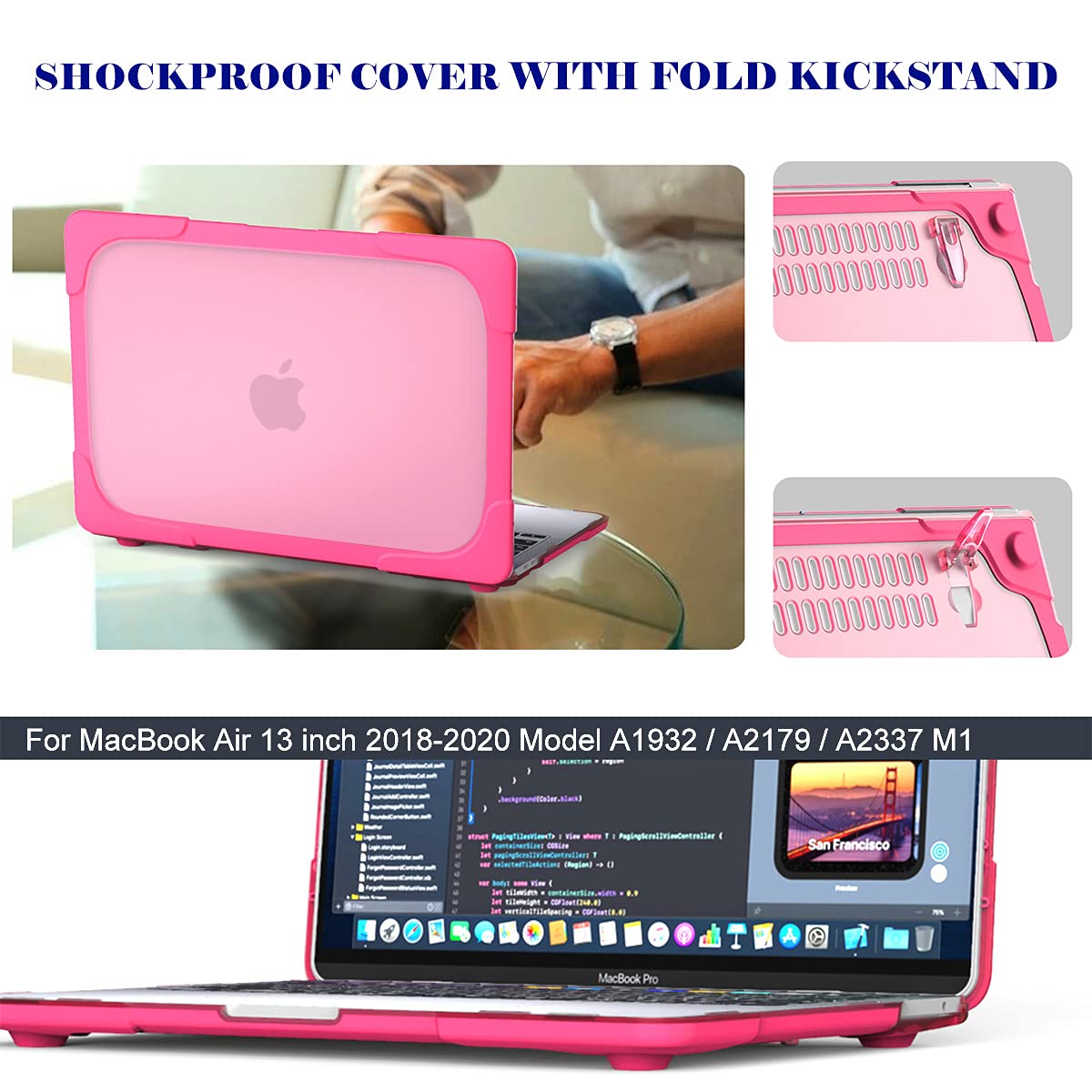 Mektron Laptop Case for MacBook Air 13 2022 2021 2020 2019 2018 Release A2337 M1 A1932 A2179 with Touch ID,[Heavy Duty][Dual Layer] Hard Plastic Bumper Protective Cover Shell with Kickstand (Rose)