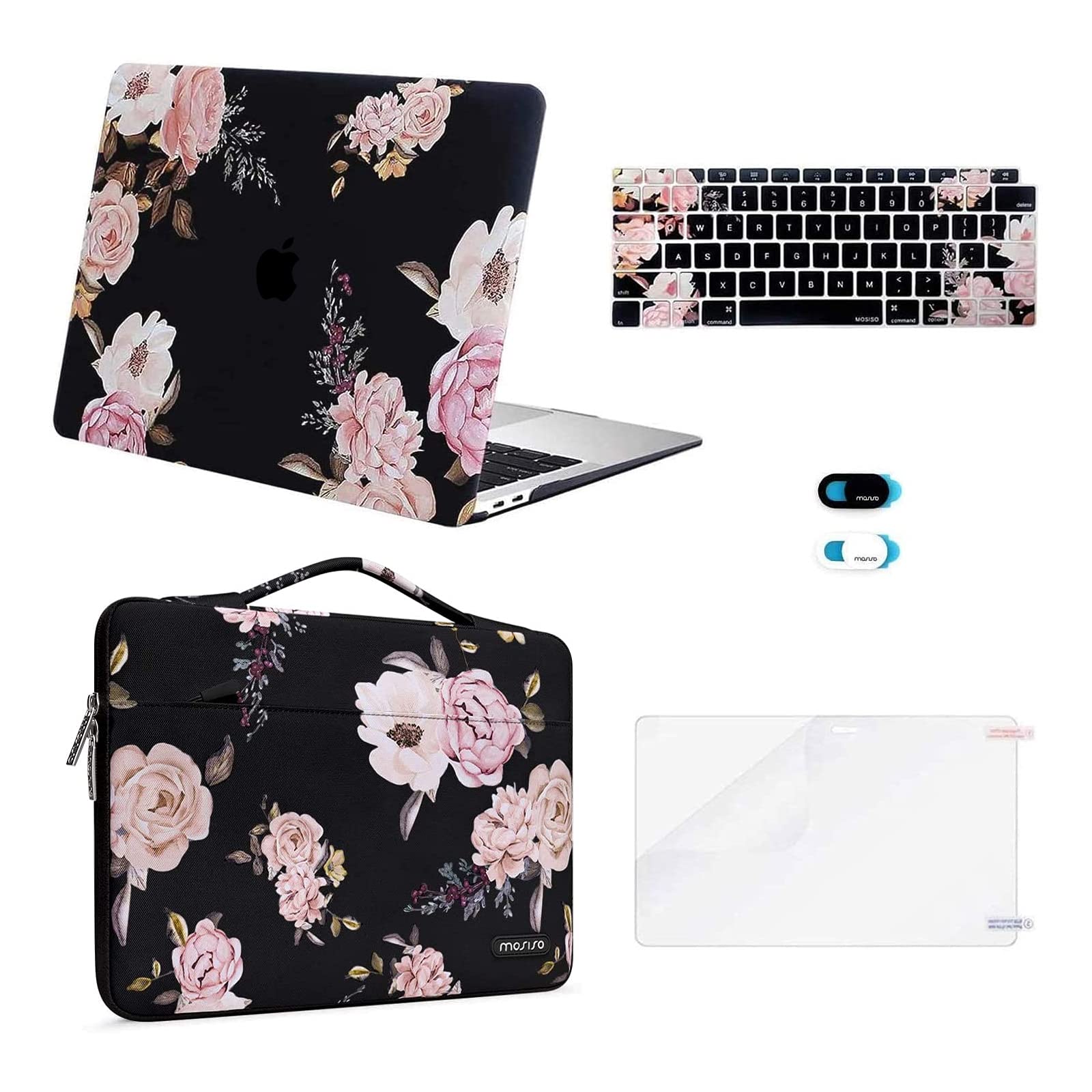 MOSISO Compatible with MacBook Air 13 inch Case 2022, 2021, 2020-2018 Release A2337 M1 A2179 A1932 Retina Display, Plastic Peony Hard Shell Case&Bag&Keyboard Cover&Webcam Cover&Screen Protector, Black