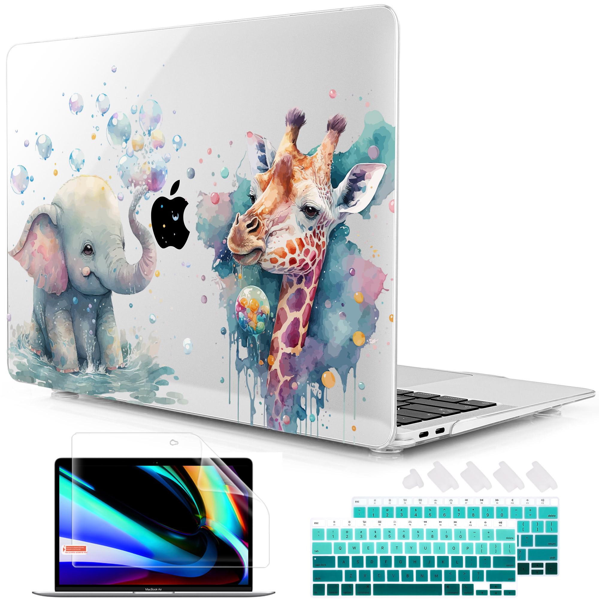 Lepeoac for New MacBook Air 13 inch Case 2021 2020 2019 2018 Release A2337 M1 A2179 A1932, Crystal Plastic Hard Shell Cover for MacBook Air 13" with Retina Display & Touch ID - Elephant & Giraffe