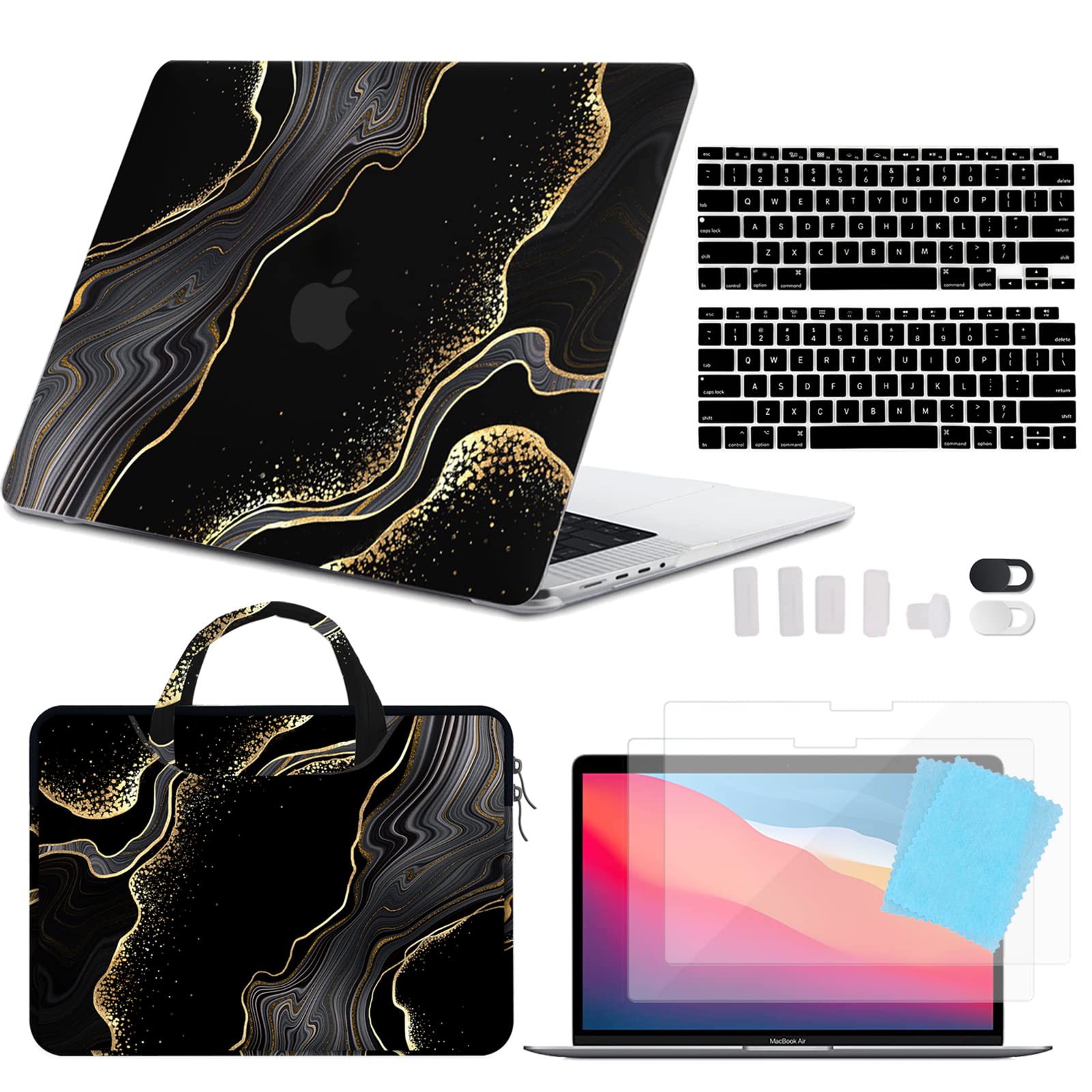 GABraden Compatible with MacBook Air 13 inch Case 2020 2019 2018 Release (A2337 M1 A2179 A1932),with Touch ID&2 Pack Keyboard Protectors,Webcam&bag&Screen Protector (Black Marble)