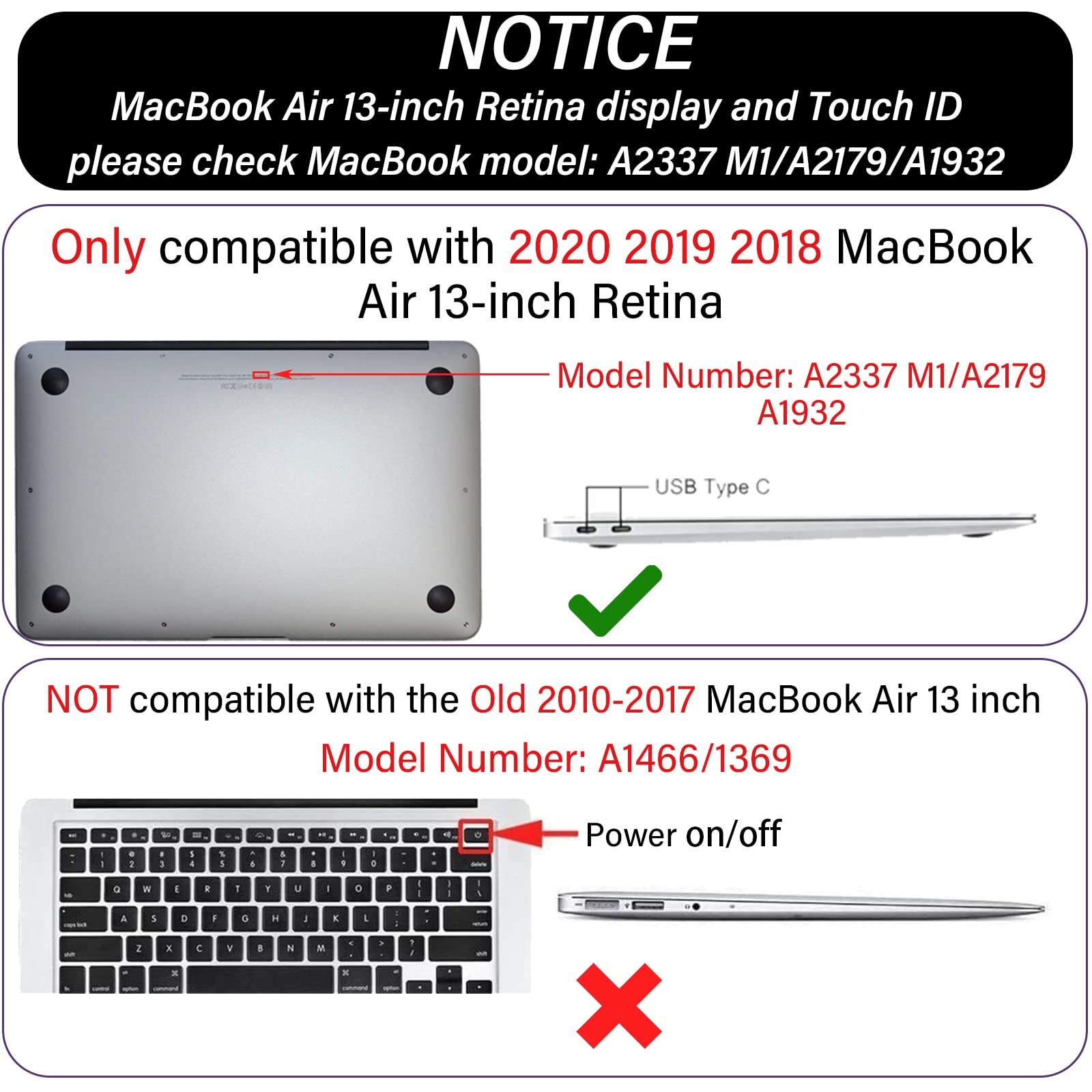 GABraden Compatible with MacBook Air 13 inch Case 2020 2019 2018 Release (A2337 M1 A2179 A1932),with Touch ID&2 Pack Keyboard Protectors,Webcam&bag&Screen Protector (Black Marble)