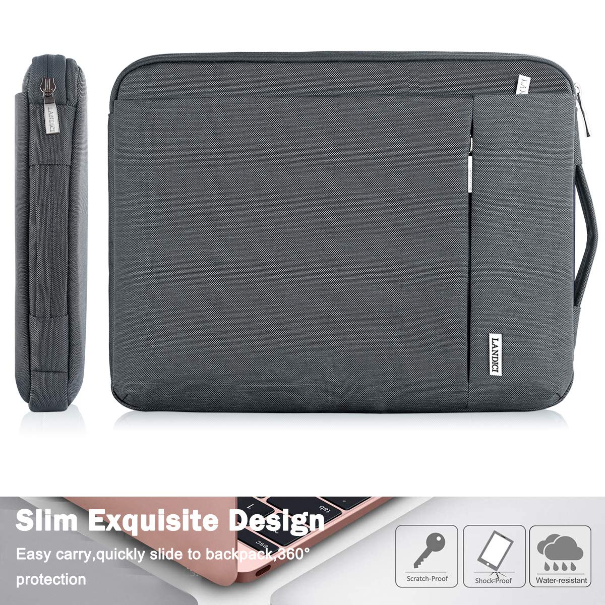 LANDICI 360° Protective Laptop Sleeve 13-14 Inch, Computer Bag Carrying Case for MacBook Air 13 M1/2022 M2, MacBook Pro 13/14 2021, Chromebook 14, Slim, Shockproof, Waterproof, Grey