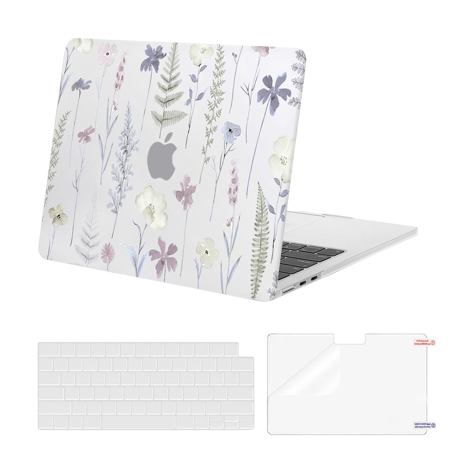 MOSISO Compatible with MacBook Air 13.6 inch Case 2022 2023 2024 Release M3 A3113 M2 A2681 with Touch ID, Plastic Meadow Floral Hard Shell Case & Keyboard Cover Skin & Screen Protector, Transparent