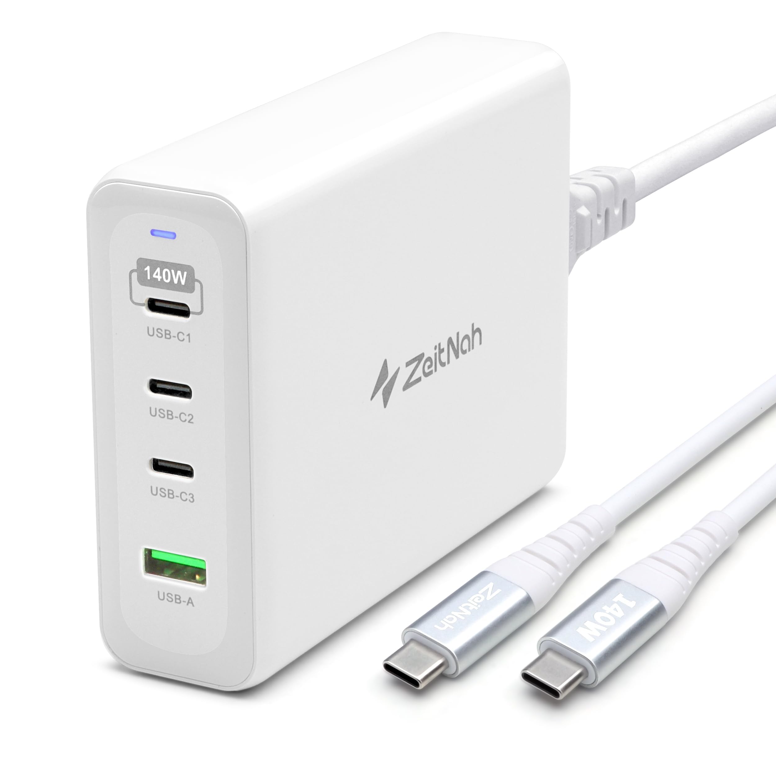 ZeitNah 240W USB C Charger, GaN 4-Port Fast Charger(140W/100W USB C Charging Ports) for MacBook Pro/Air, iPhone, iPad, Galaxy, Apple Watch, and More, (140W USB C to C Cable is Included)