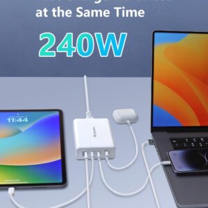 ZeitNah 240W USB C Charger, GaN 4-Port Fast Charger(140W/100W USB C Charging Ports) for MacBook Pro/Air, iPhone, iPad, Galaxy, Apple Watch, and More, (140W USB C to C Cable is Included)