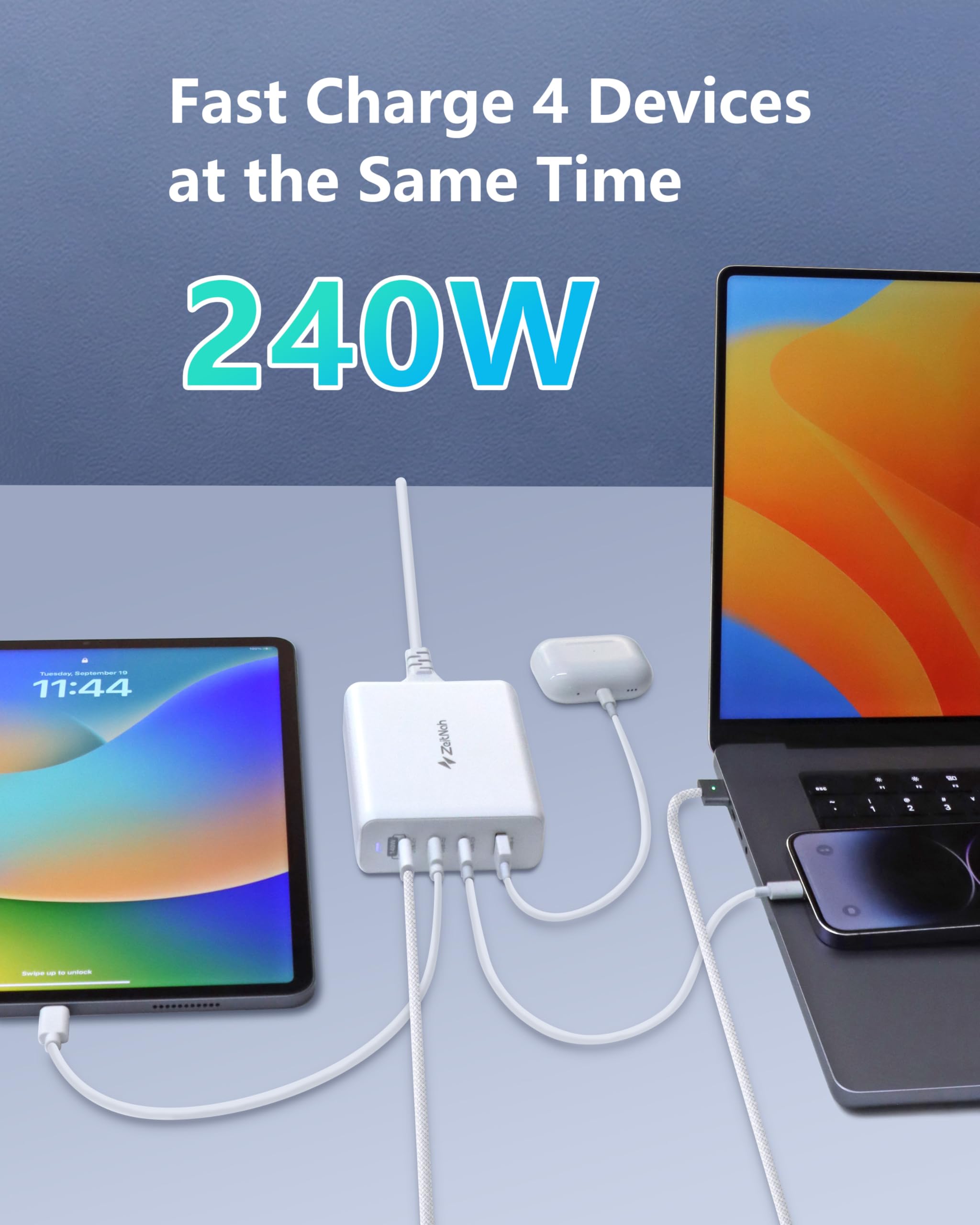 ZeitNah 240W USB C Charger, GaN 4-Port Fast Charger(140W/100W USB C Charging Ports) for MacBook Pro/Air, iPhone, iPad, Galaxy, Apple Watch, and More, (140W USB C to C Cable is Included)