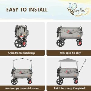 Busy Bee Foldable Wagon Stroller for 2 Kids, Push Pull Collapsible Kids Wagon with Adjustable Handle Bar, Removable Canopy, 5-Point Harness, Shock-Absorbing Wheels, Grey