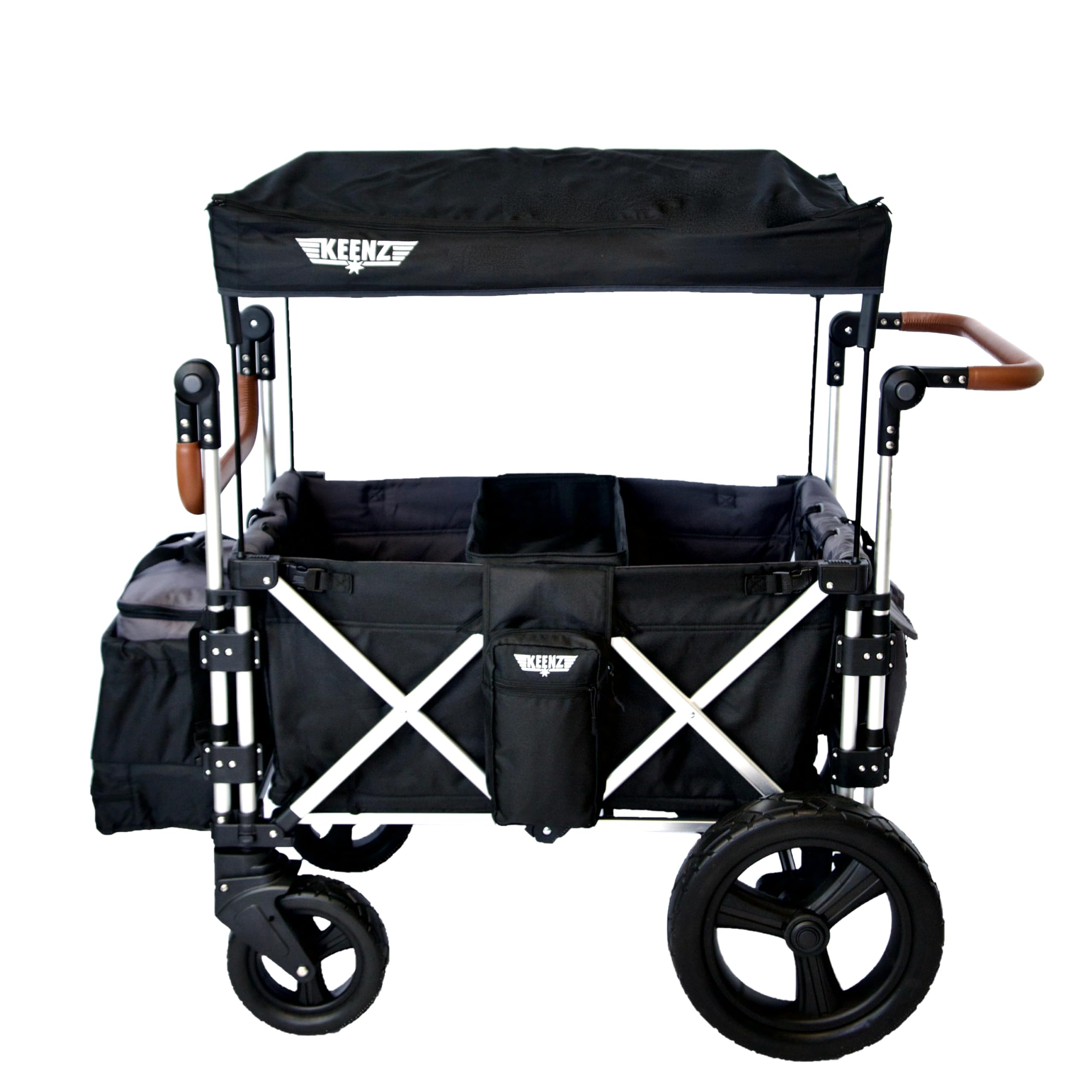 Keenz 7S+ Ultimate 4-Passenger Baby Toddler Wheeled Stroller Wagon w/Foldable Frame, Harnesses, Canopy Cover, Cooler Basket, & Storage Pockets, Black