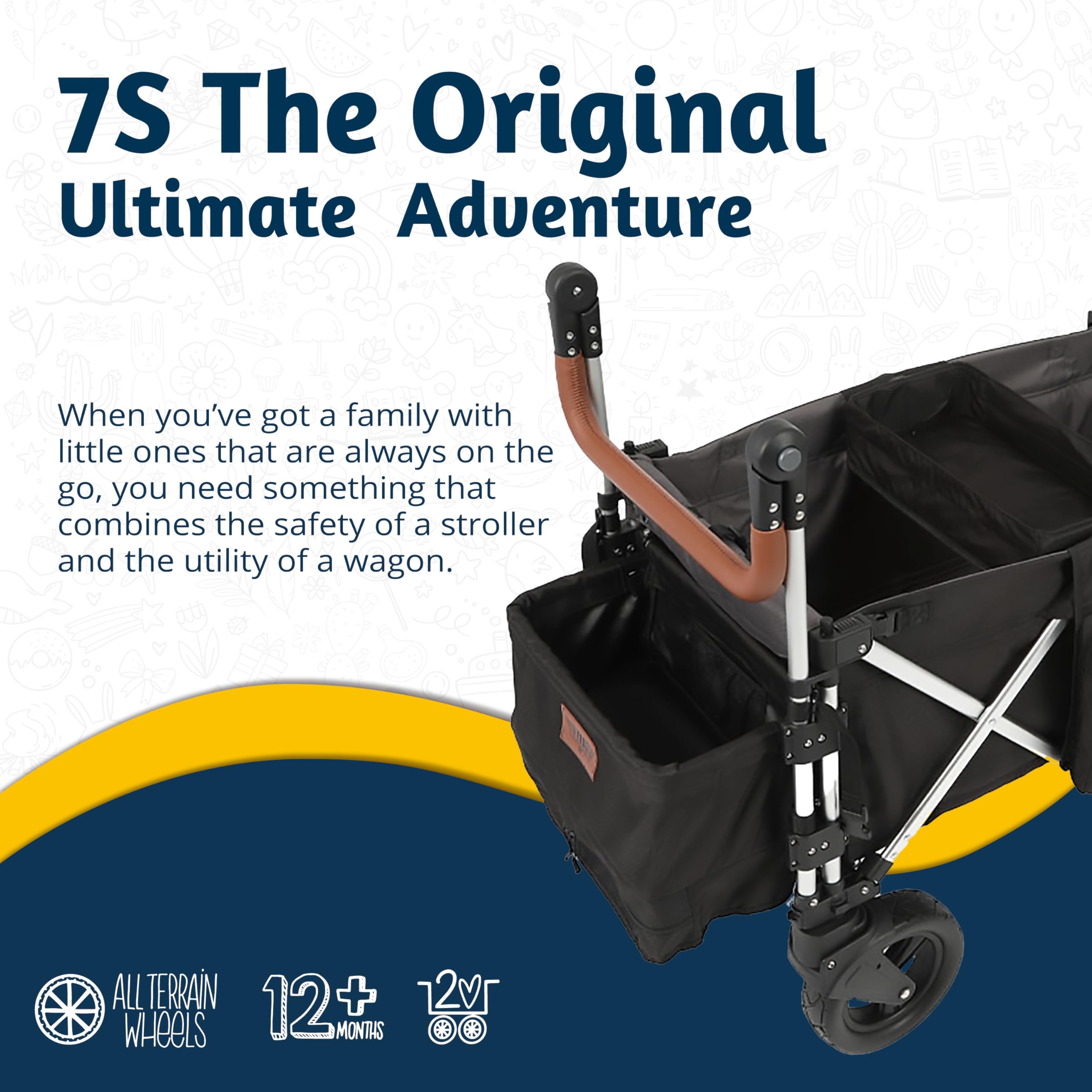 Keenz 7S+ Ultimate 4-Passenger Baby Toddler Wheeled Stroller Wagon w/Foldable Frame, Harnesses, Canopy Cover, Cooler Basket, & Storage Pockets, Black