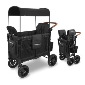 WONDERFOLD W2 Luxe Double Stroller Wagon (2 Seater) - Collapsible Wagon Stroller with Seats with Magnetic Buckle 5-Point Harnesses and Adjustable Sun Canopy, Volcanic Black