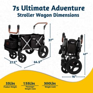 Keenz 7S+ Ultimate 4-Passenger Baby Toddler Wheeled Stroller Wagon w/Foldable Frame, Harnesses, Canopy Cover, Cooler Basket, & Storage Pockets, Black