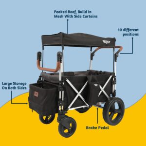 Keenz 7S+ Ultimate 4-Passenger Baby Toddler Wheeled Stroller Wagon w/Foldable Frame, Harnesses, Canopy Cover, Cooler Basket, & Storage Pockets, Black