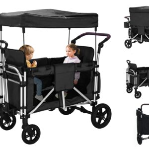 Stroller Wagon for 2 Kids, Wagon Cart Featuring 2 High Seat with 5-Point Harnesses and Adjustable Canopy, Foldable Push-Pull Rod Wagon Stroller for Garden, Stroller, Camping, Grocery Cart (Black-g)