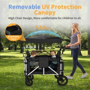 Stroller Wagon for 2 Kids, Wagon Cart Featuring 2 High Seat with 5-Point Harnesses and Adjustable Canopy, Foldable Push-Pull Rod Wagon Stroller for Garden, Stroller, Camping, Grocery Cart (Black-g)