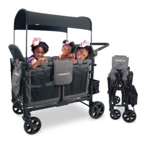 wonderfold w4 elite quad stroller wagon featuring 4 seats with 5-point harnesses, adjustable push handle, and removable uv-protection canopy, charcoal gray