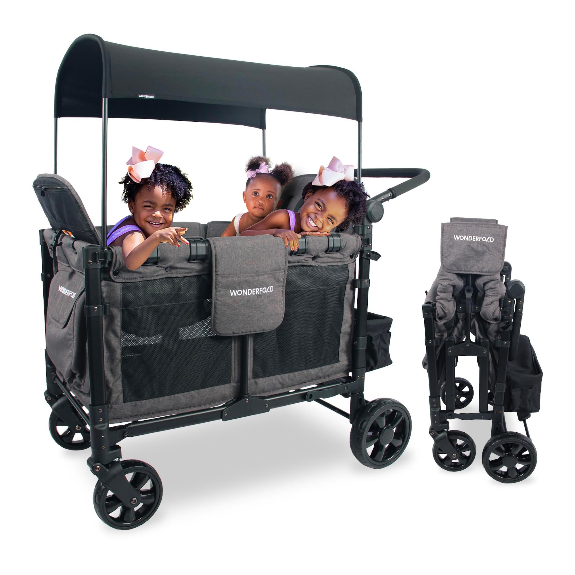 WONDERFOLD W4 Elite Quad Stroller Wagon Featuring 4 Seats with 5-Point Harnesses, Adjustable Push Handle, and Removable UV-Protection Canopy, Charcoal Gray