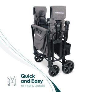 WONDERFOLD W4 Elite Quad Stroller Wagon Featuring 4 Seats with 5-Point Harnesses, Adjustable Push Handle, and Removable UV-Protection Canopy, Charcoal Gray