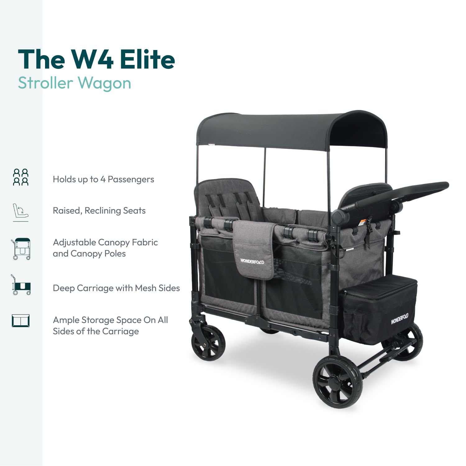 WONDERFOLD W4 Elite Quad Stroller Wagon Featuring 4 Seats with 5-Point Harnesses, Adjustable Push Handle, and Removable UV-Protection Canopy, Charcoal Gray