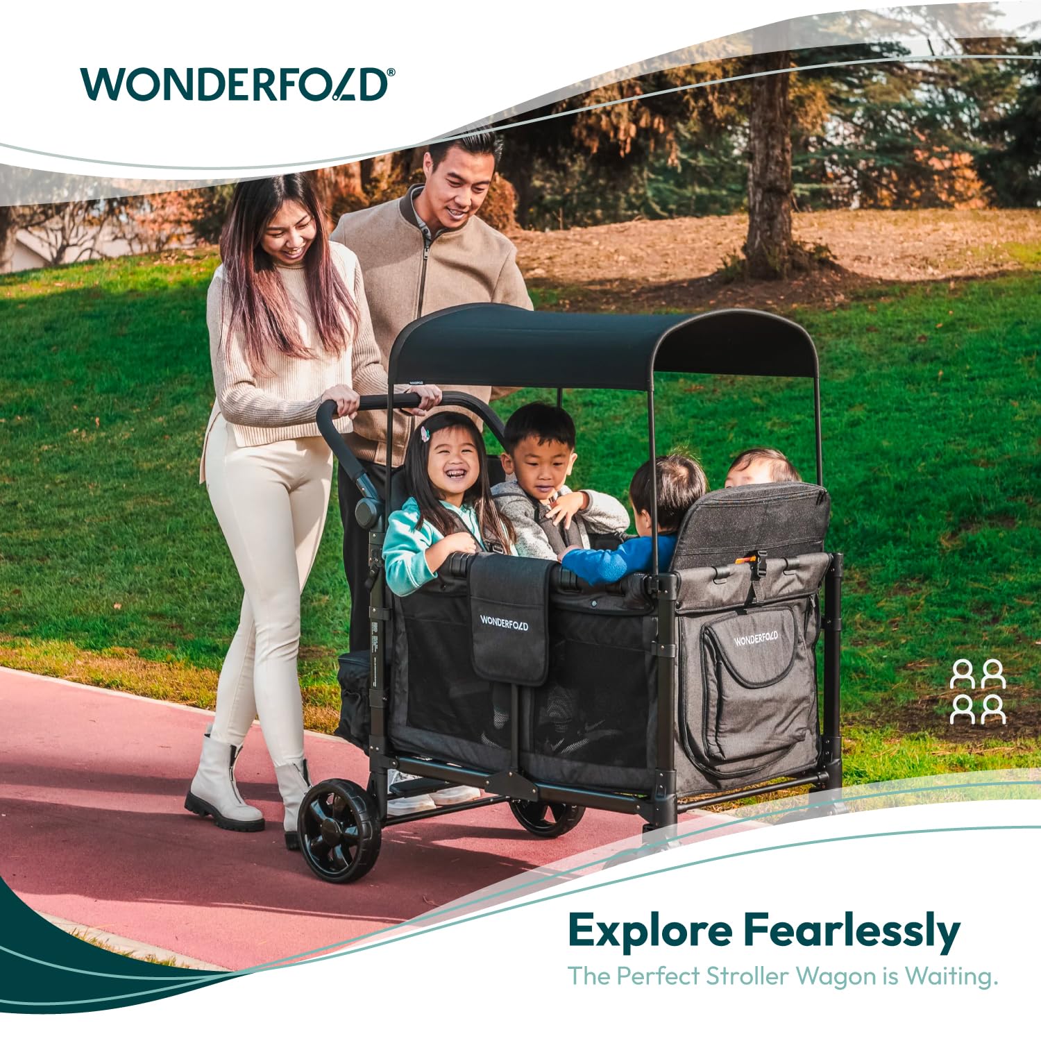 WONDERFOLD W4 Elite Quad Stroller Wagon Featuring 4 Seats with 5-Point Harnesses, Adjustable Push Handle, and Removable UV-Protection Canopy, Charcoal Gray