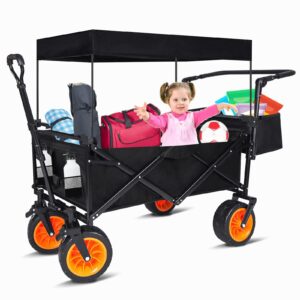 Swity Home Kids Wagon Stroller Wagons with Canopy, Seat Belt, Wheel Locks, Adjustable Handles - Firm Toddler Baby Wagon Collapsible Camping Cart Push Wagon Beach Cart for Picnic Camping