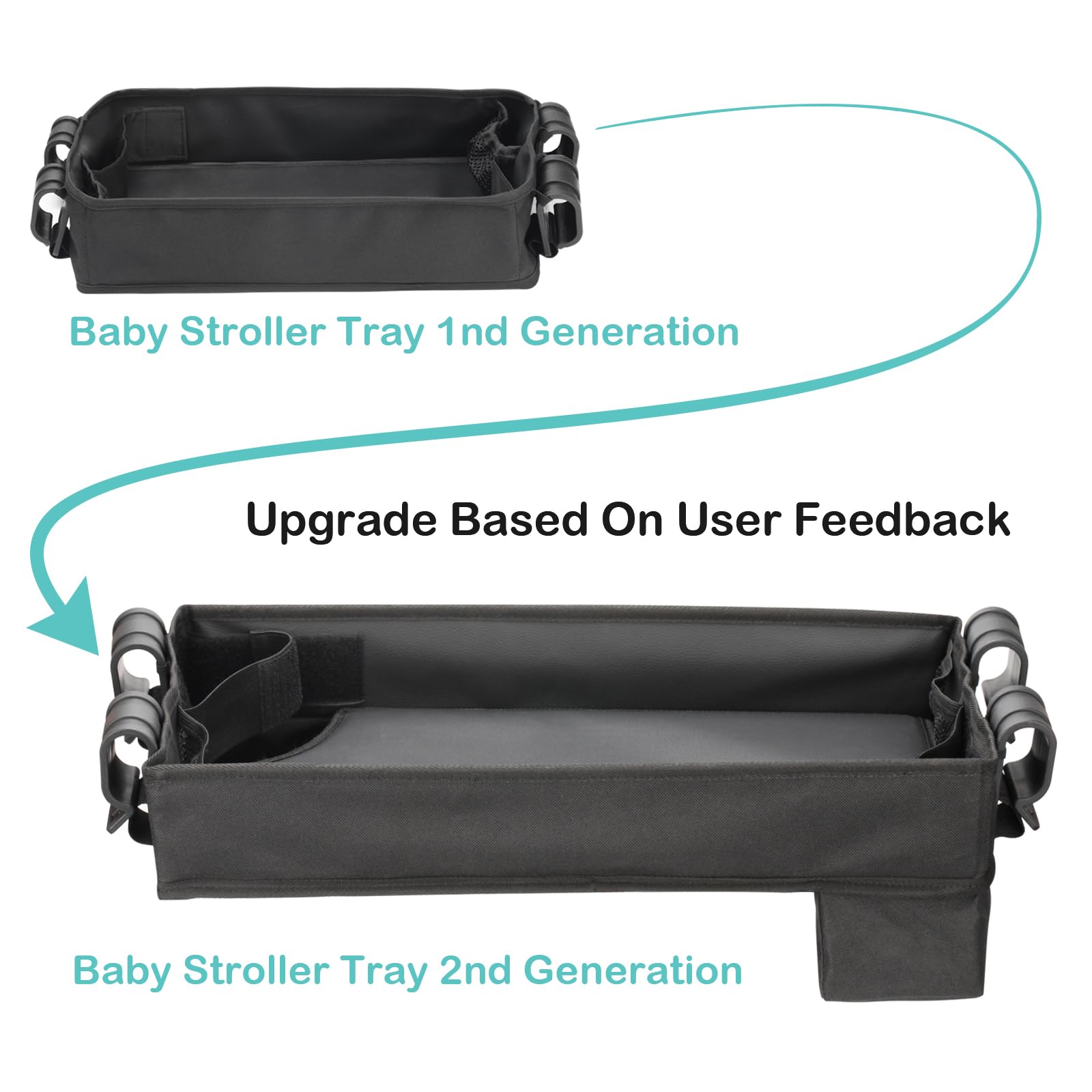 Upgraded Stroller Snack Tray for Wonderfold Wagon W2 Series - Kids Toy Placement - Faux Leather Sides - Easy to Clean - Deeper Cup Holder - Reinforced Sides