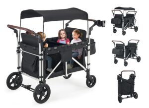 stroller wagon for 4 kids, wagon cart featuring 4 high seat with 5-point harnesses and adjustable canopy, foldable double push bar wagon stroller for garden, stroller, camping (black)