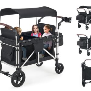 Stroller Wagon for 4 Kids, Wagon Cart Featuring 4 High Seat with 5-Point Harnesses and Adjustable Canopy, Foldable Double Push Bar Wagon Stroller for Garden, Stroller, Camping (Black)