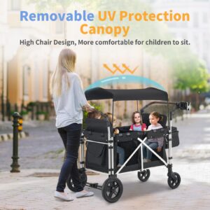 Stroller Wagon for 4 Kids, Wagon Cart Featuring 4 High Seat with 5-Point Harnesses and Adjustable Canopy, Foldable Double Push Bar Wagon Stroller for Garden, Stroller, Camping (Black)