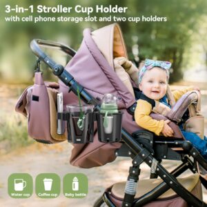 KDD Stroller Cup Holder with Phone Holder, 3-in-1 Removable Bottle Holder, 360 Degrees Rotation Drink Holder for Wheelchair, Stroller, Bike, Walker, Scooter, Bicycle, Uppababy, Nuna, Bugaboo, Doona