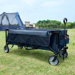 TIMBER RIDGE 51.2'' Extended Collapsible Wagon Cart with Cargo Net, 350LBS Heavy Duty Foldable Utility Wagon with Adjustable Handle, 250L Capacity Portable Cart for Camping Sports Shopping, Blue