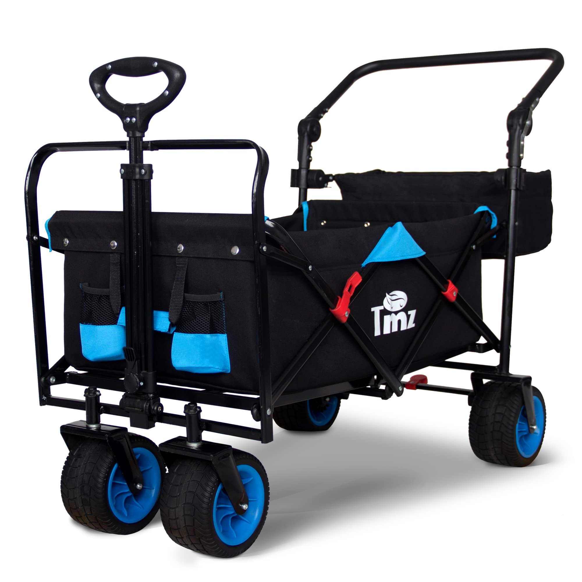 TMZ All Terrain Wide Wheel Utility Folding Wagon, Collapsible Garden Cart, Heavy Duty Beach Wagon Trolley with Adjustable Push Handle and Brake, 90 L Storage, Load of 120KG(Black/Blue)