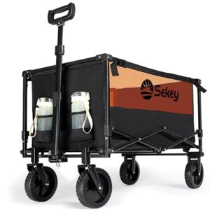 Sekey Collapsible Foldable Wagon with 330lbs Weight Capacity, Heavy Duty Folding Utility Garden Cart with Big All-Terrain Beach Wheels & Drink Holders. Black&Orange