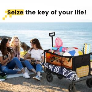 Sekey Collapsible Foldable Wagon with 330lbs Weight Capacity, Heavy Duty Folding Utility Garden Cart with Big All-Terrain Beach Wheels & Drink Holders. Black&Orange