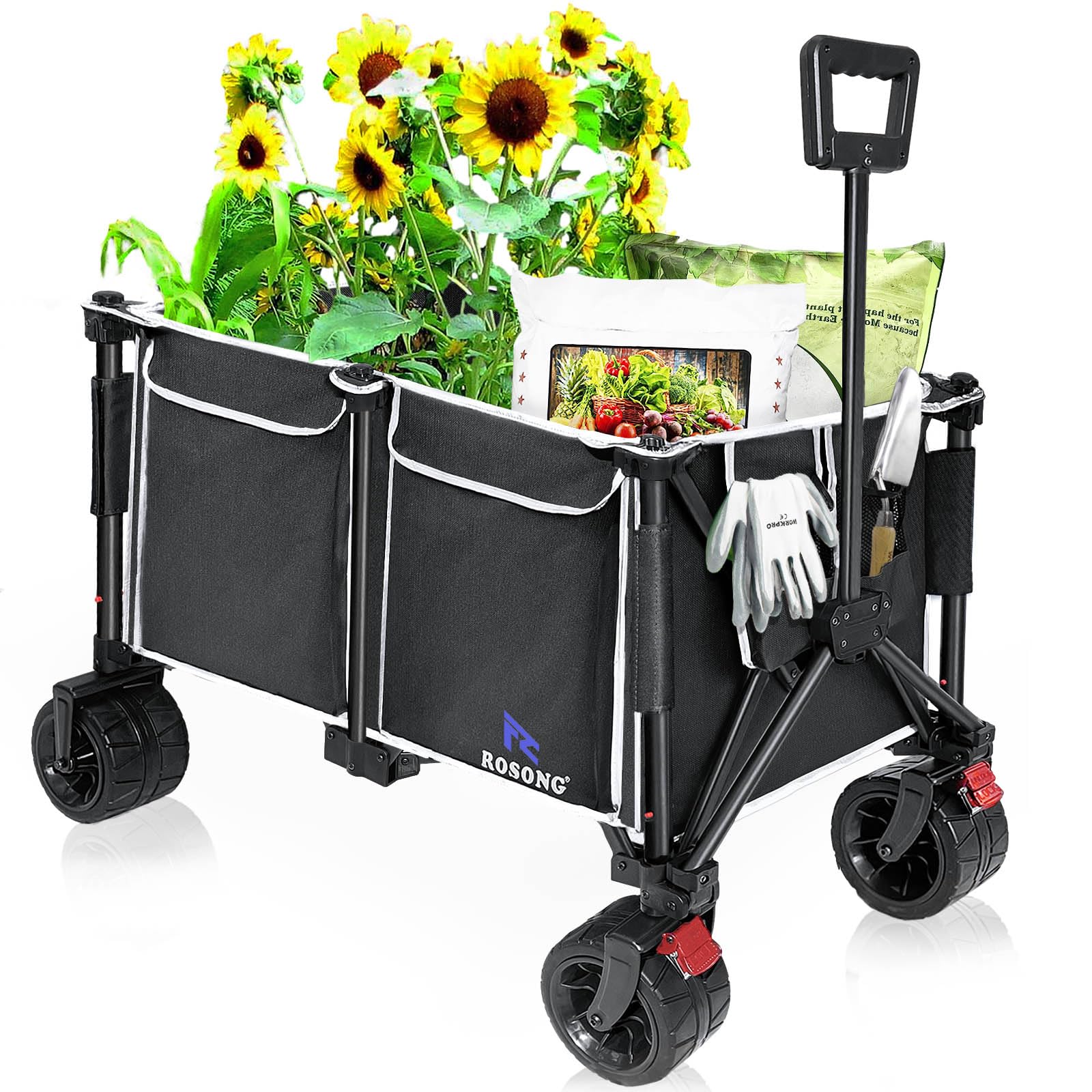 ROSONG Collapsible Heavy Duty 𝟱𝟬𝟬 𝗟𝗕𝗦 Capacity Wagon Cart with Big Wheels, Foldable Folding Cart Utility Lounge Beach Wagons Carts for Sand