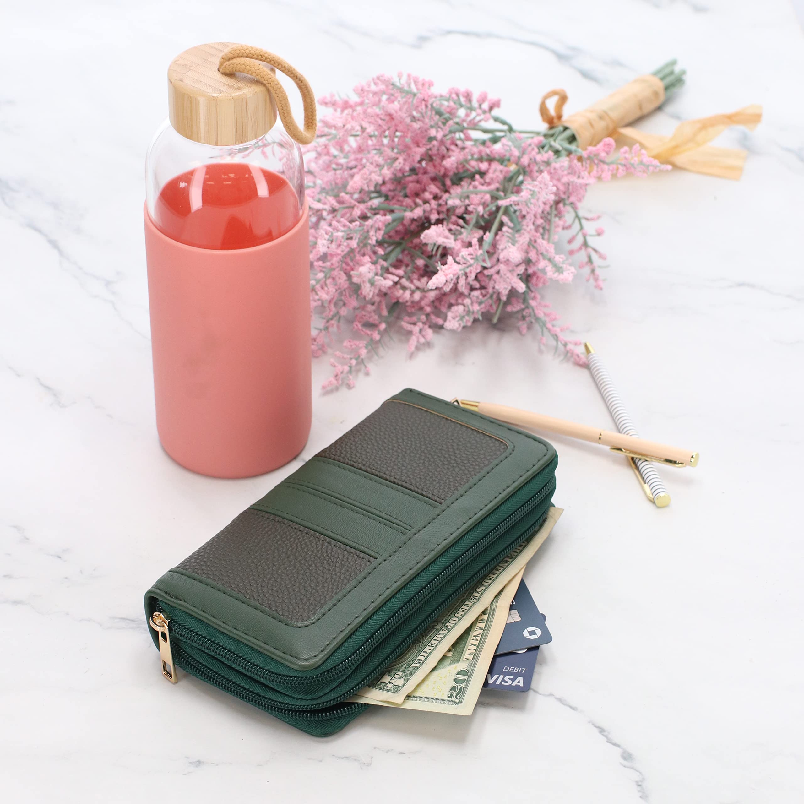 Couture Gems Green Wallet Womens Clutch Wallet for Women DOUBLE ZIPPER Wallet Phone Vegan Leather Clutch Purses For Woman Handbags Large Capacity