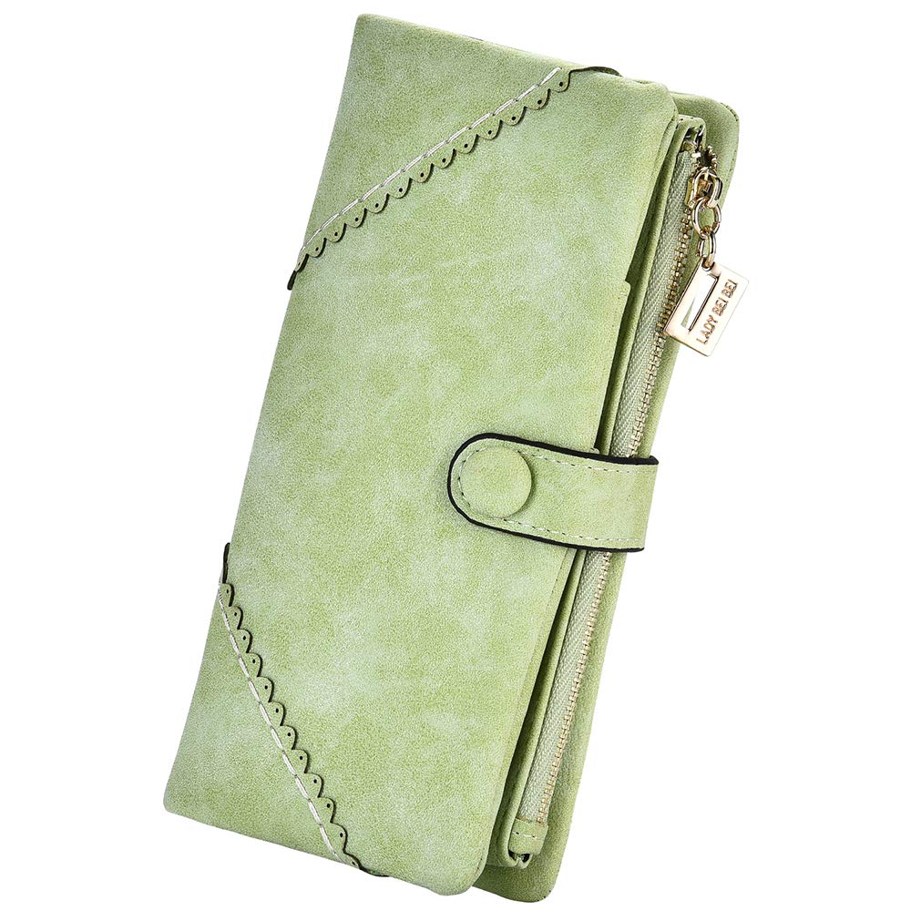 Women Vegan Leather Wallet Bifold Clutch Large Capacity Card Organizer Buckle Long Purse for Girls Candy Color (Light Green) …