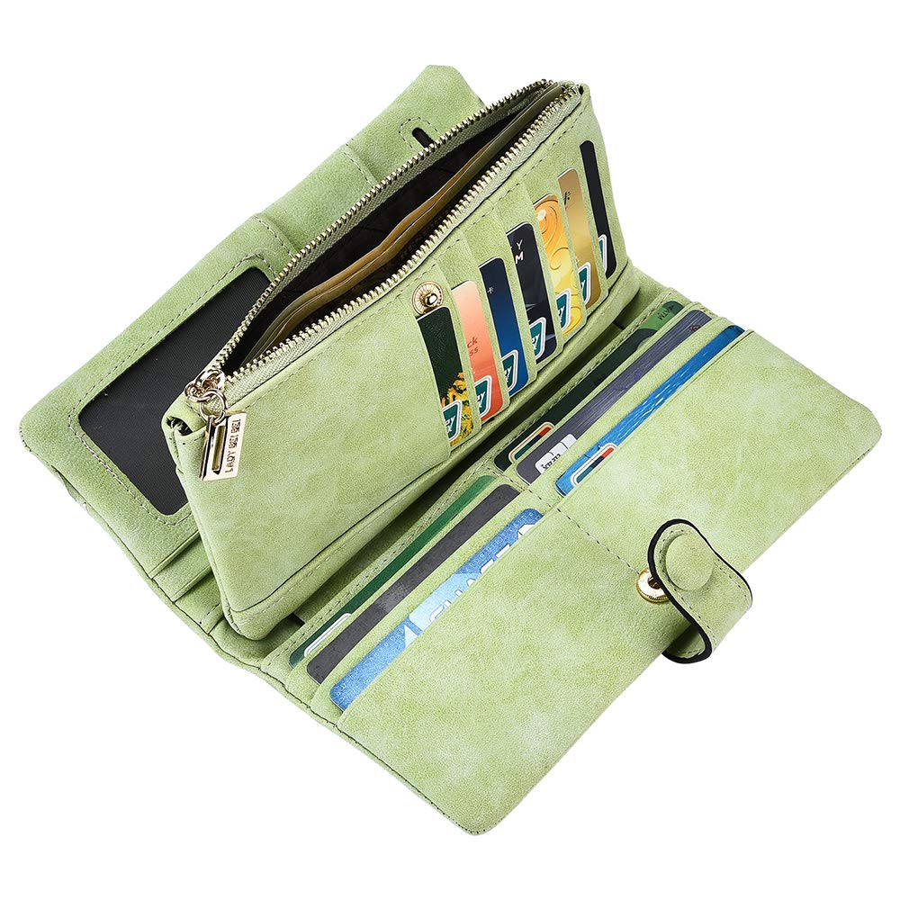 Women Vegan Leather Wallet Bifold Clutch Large Capacity Card Organizer Buckle Long Purse for Girls Candy Color (Light Green) …