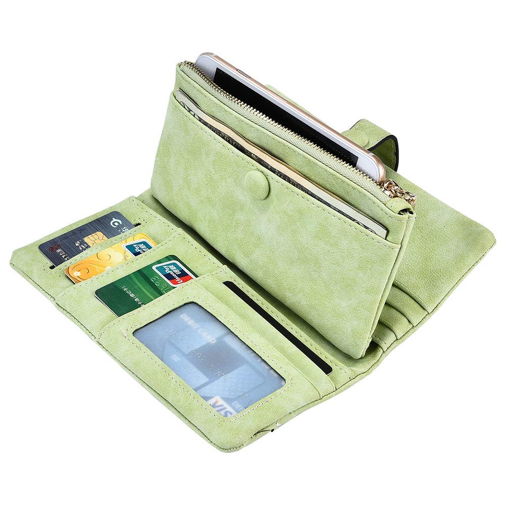 Women Vegan Leather Wallet Bifold Clutch Large Capacity Card Organizer Buckle Long Purse for Girls Candy Color (Light Green) …