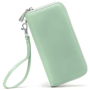 Moflycom Womens Wallet RFID Blocking Genuine Leather Zip Around Wallet Clutch Wristlet Travel Long Purse for Women Light Green