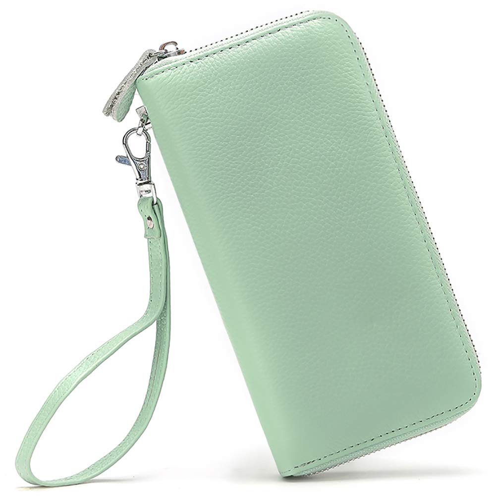 Moflycom Womens Wallet RFID Blocking Genuine Leather Zip Around Wallet Clutch Wristlet Travel Long Purse for Women Light Green